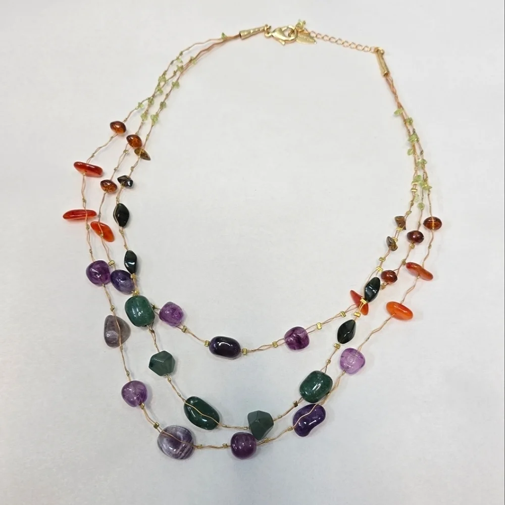 Coldwater Creek Gold Tone Purple and Green Multi-Strand Layered Necklace